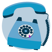 A circular icon featuring a vintage rotary telephone in shades of blue and aqua, representing communication or a form of contact.